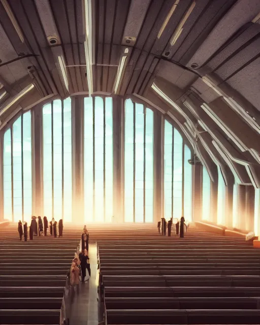 Image similar to crowd in a futuristic church, priest, pews, ethereal, inviting, bright, unreal engine, hyper realism, realistic shading, cinematic composition, realistic render, octane render, detailed textures, photorealistic, wide shot