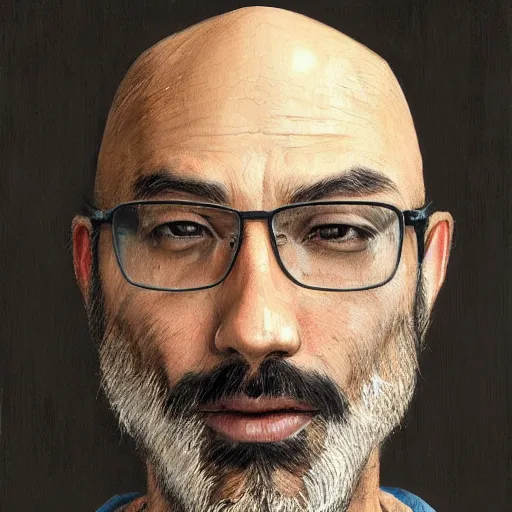 Image similar to portrait of a man by greg rutkowski, he is about 4 0 years old, mixture between vietnamese, persian and texan, bald with beard, very tall and slender, he is wearing a utilitarian jumpsuit, highly detailed portrait, digital painting, artstation, concept art, smooth, sharp foccus ilustration, artstation hq