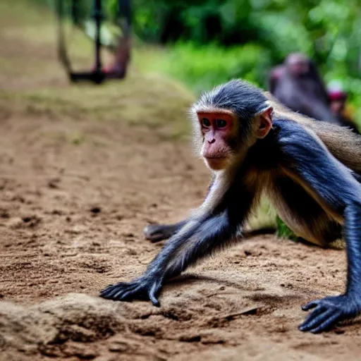 Prompt: a monkey crawling away from the devil