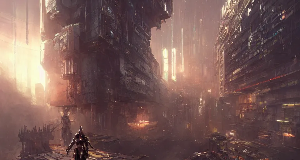 Image similar to cyberpunk gladiator, cinematic, highly detailed, octane render, cg, rich cinematic atmosphere, perfect digital art, mystical journey in strange world, Mystical, cyberpunk, tech war, sci-fi, surreal, glowing lights, sharp focus, high detailed, by Akihiko Yoshida, michael whelan and Karol Bak - H 1024