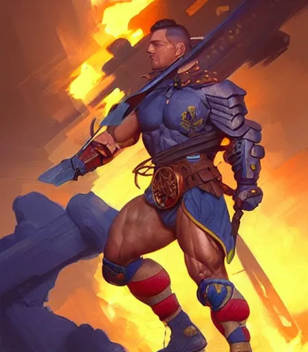 Prompt: ready to fight soldier with blue and yellow flag, fire background, fire burst, muscular masculine figure, dungeons and dragons portrait, highly detailed, digital painting, artstation, concept art, sharp focus, illustration, art by artgerm and greg rutkowski and alphonse mucha