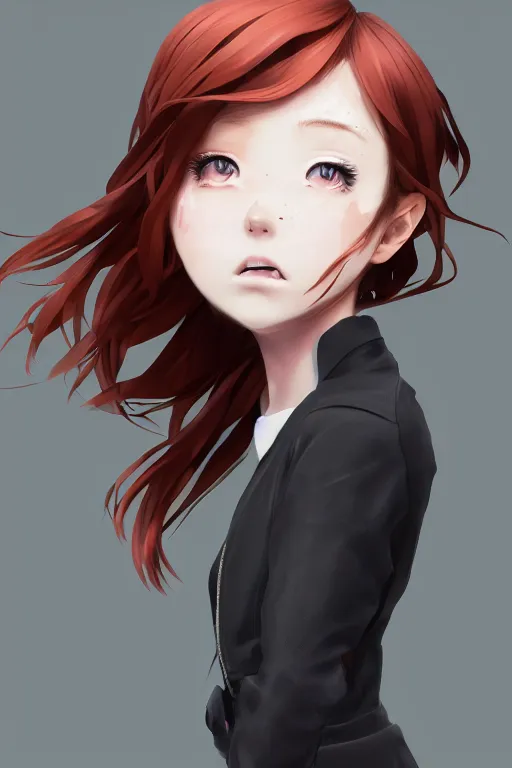 Image similar to Very complcated dynamic composition, realistic anime style at Pixiv, Zbrush sculpt colored, Octane render in Maya and Houdini VFX, young redhead girl in motion, wearing jacket and skirt, silky hair, black stunning deep eyes. By ilya kuvshinov, krenz cushart, Greg Rutkowski, trending on artstation. Amazing textured brush strokes. Cinematic dramatic soft volumetric studio lighting