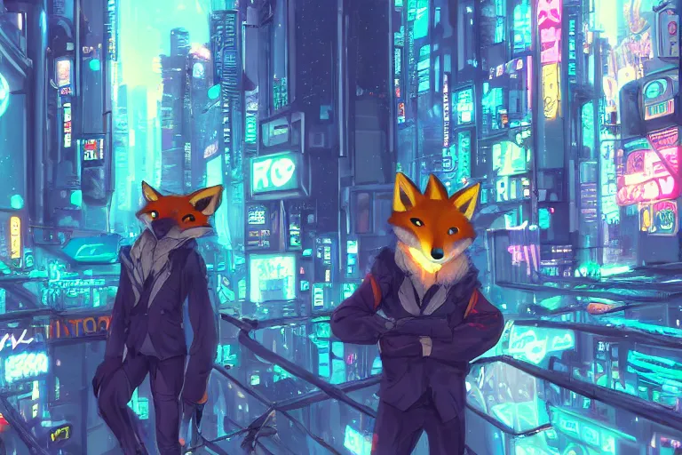 Image similar to an anthropomorphic fox in a cyberpunk city, trending on pixiv, by kawacy, neon backlighting, furry art