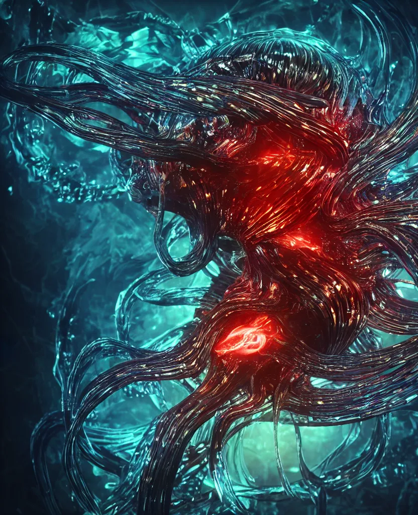 Image similar to close-up macro portrait of the dark queen, epic angle, epic pose, symmetrical artwork, 3d with depth of field, blurred background. cybernetic jellyfish phoenix bird, translucent, nautilus. energy flows of water and fire. a highly detailed epic cinematic concept art CG render. made in Maya, Blender and Photoshop, octane render, excellent composition, cinematic dystopian brutalist atmosphere, dynamic dramatic cinematic lighting, aesthetic, very inspirational, arthouse