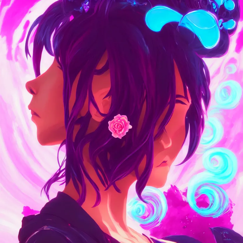 Image similar to side profile macro portrait, cute modern gothic anime girl with synthwave flower background, gloomhaven, colorful swirly retrowave style fantasy portrait, by lois van baarle, sachin teng, greg rutkowski, jesper ejsing, ilya kuvshinov, extremely detailed 4 k,