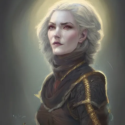 Image similar to a detailed matte head - on portrait painting of an middle - aged half - tiefling noblewoman with golden eyes and short well kept hair, by charlie bowater, lise deharme, wlop, tending on arstation, dungeons and dragon, dnd, pathfinder, fanart, oil on canvas