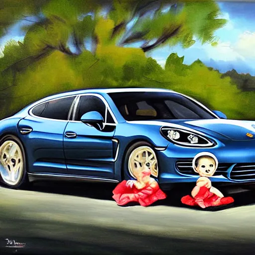 Image similar to painting of indian baby in porsche panamera