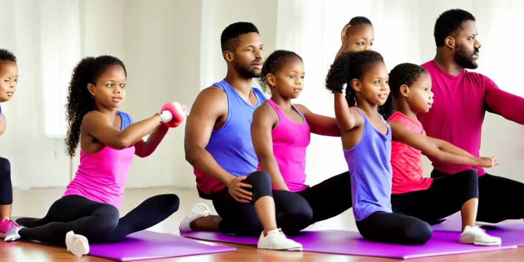 Image similar to a husband and wife exercising with four kids studying, award winning photo,