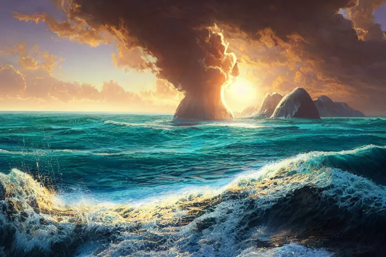 Image similar to detailed intricate digital illustration by greg rutkowski and artgerm and wlop and sanford robinson gifford ; nuclear bomb radiating bright, blinding lens flare across the horizon of a serene ocean, beautiful, glistening water and waves ; 1 3 mm film, arri alfa anamorphic lens, golden hour lighting ; sharp focus ; trending on artstation 8 k