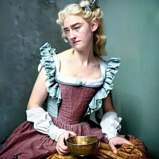 Prompt: A 18th century, messy, silver haired, (((mad))) elf princess (look like ((young Kate Winslet))), dressed in a frilly ((ragged)), queenly dress, is ((drinking a cup of tea)). Everything is underwater! and floating. Greenish blue tones, theatrical, (((underwater lights))), high contrasts, digital art by Tim Burton