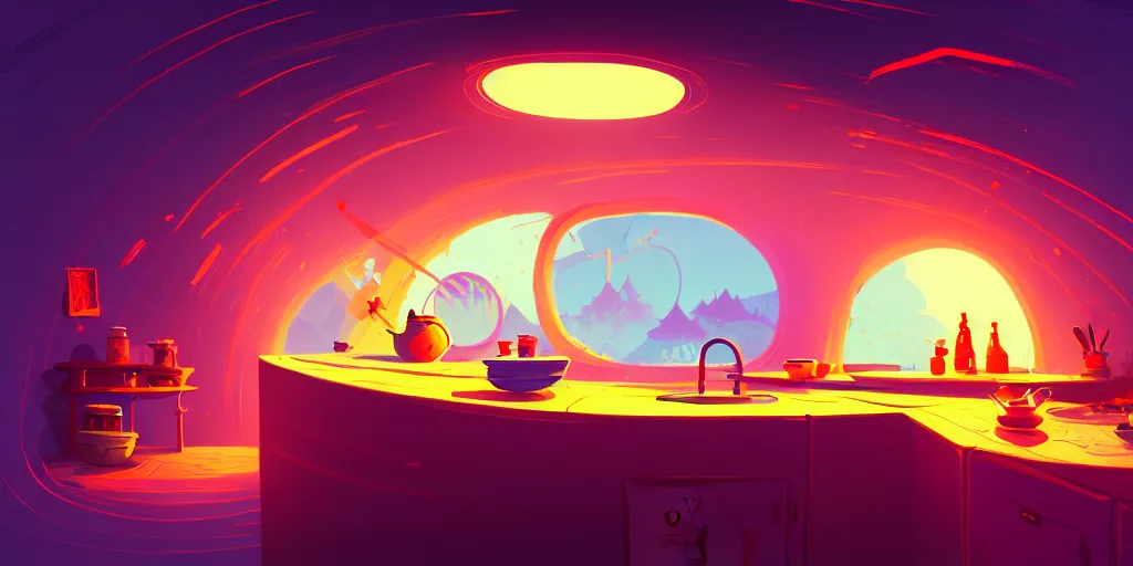 Prompt: naive nerikomi, weird perspective, extra narrow, detailed illustration of a kitchen dim lit by flashlight in a scenic spiral environment by anton fadeev from lorax movie, trending artstation, synthwave