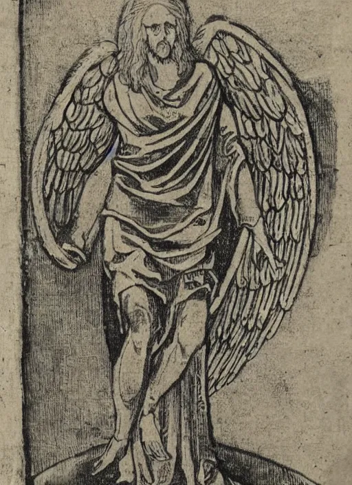 Prompt: medieval occult etching, very detailed, of the angel of mercury