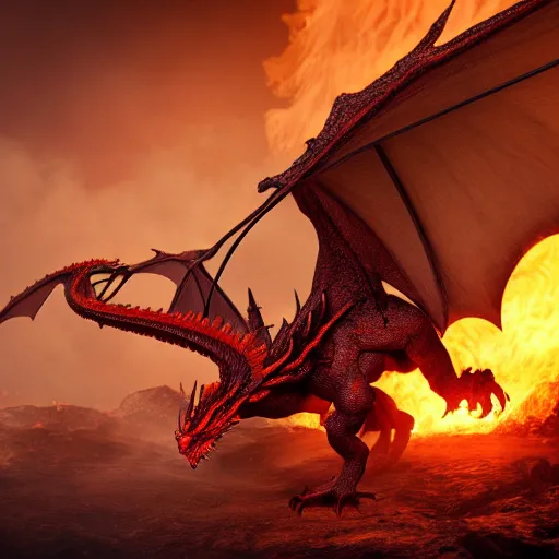 Prompt: breathtaking and majestic powerful dragon with spread wings surrounded by fire, 3d render, concept art, 8k, ultra detail