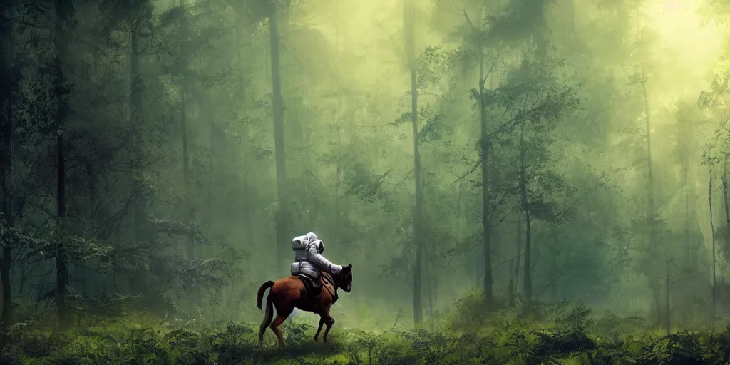 Image similar to american astronaut, riding a horse in a forest, plants environment, wide angle, cinematic lighting, atmospheric, realistic, octane render, highly detailed, color graded, in the style of craig mullins