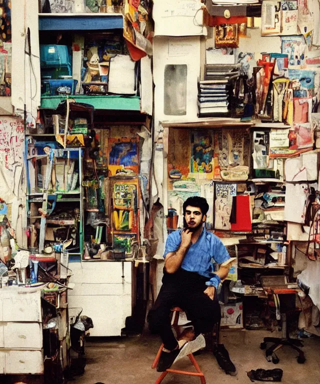 Prompt: a color photograph of persian young man in his workplace, by nan goldin, out of place, intense, bold, exaggerated, over proportion, hyperrealistic, ultra sharp, extra details, ultra high quality, trending on pinteresst