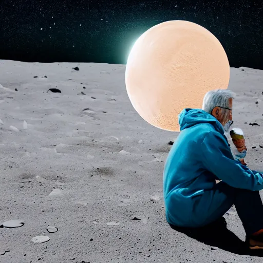 Image similar to an elderly man on the surface of the moon, 🌕, 🍦, eating ice cream, tourist, canon eos r 3, f / 1. 4, iso 2 0 0, 1 / 1 6 0 s, 8 k, raw, unedited, symmetrical balance, wide angle