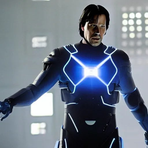 Image similar to keanu reeves as superman in tron legacy city