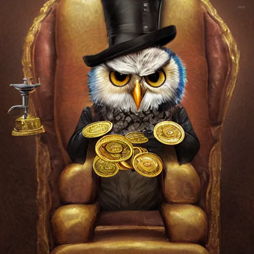 Image similar to oil painting of grumpy rich steampunk owl, sitting in fancy chair, wearing top hat, holding gold coin, steampunk factory background, machines in background, sharp focus, fantasy style, octane render, volumetric lighting, 8k high definition, by greg rutkowski, highly detailed, trending on art Station, magic the gathering artwork, centered, deviantart,