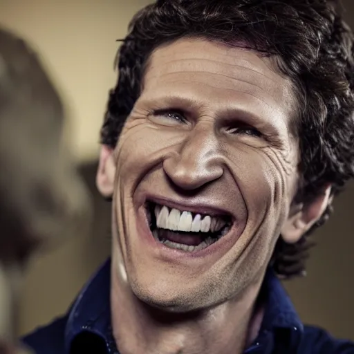 Image similar to A photo of Todd Howard manically laughing, 4K UHD, high quality, amazing quality, studio quality, studio lighting,