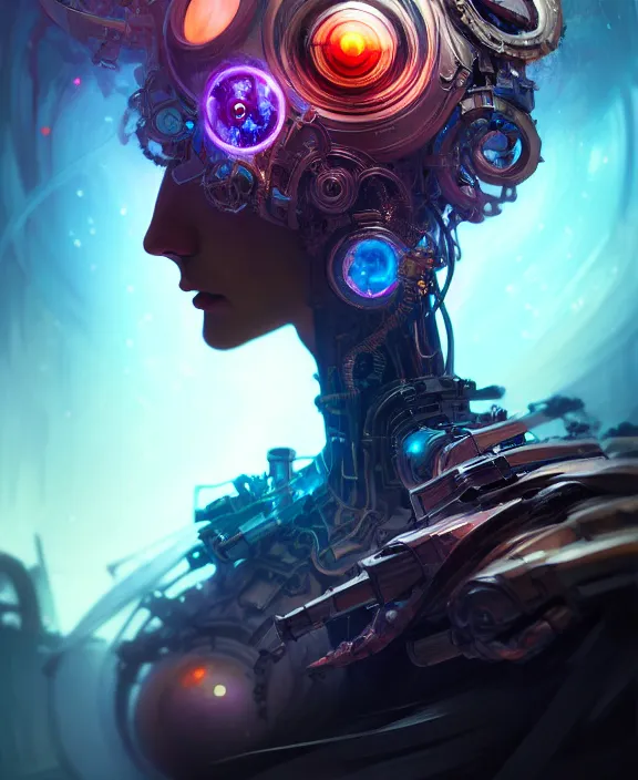 Prompt: whirlwind souls rushing inside metaverse, half body, tiara, robotic, android, cyborg, cyberpunk face, steampunk, by loish, d & d, fantasy, intricate, elegant, highly detailed, colorful, vivid color, digital painting, artstation, concept art, art by artgerm and greg rutkowski and ruan jia