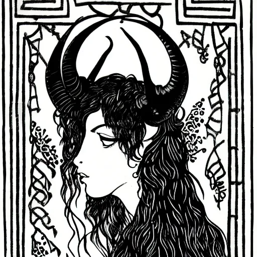 Prompt: filigree detailed illustration portrait of a profile of gypsy half - girl half - goat with long curly hair and big goat horns on her head, aubrey beardsley, makoto shinkai, greek graphics