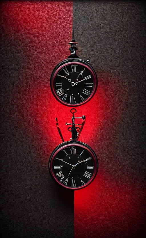 Image similar to a melting Roman numeral clock, behind a red and black gradient background, awith a black heart shaped on the top left corner and a black diamond card shape in the bottom right corner, dynamic lighting, photorealistic fantasy concept art, trending on art station, stunning visuals, cinematic, creative, ultra detailed