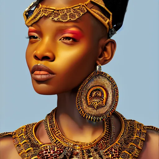 Image similar to A masterpiece portrait of a Incredibly beautiful African girl albino model with nose ring. With big bright rich African jewelry. In African royal gorgeous clothes. Vogue. trending on artstation, digital art, by Stanley Artgerm Lau, WLOP, Rossdraws, James Jean, Andrei Riabovitchev, Marc Simonetti, Yoshitaka Amano