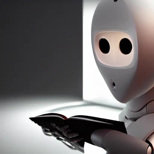 Image similar to futuristic lonely humanoid robot with huge comically sad OLED eyes and open rectangular mouth sits facing left reading a hardbound leather book on a comfortable midcentury chair. Cinematic Lighting, Cinematic Movie Photograph, Arri Alexa, Extremely Detailed, smooth, very very clean, simple, 8K, octane render, maya render, unreal engine, trending on artstation, DSLR