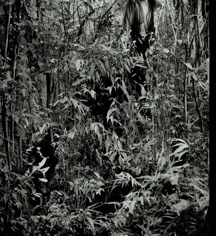 Image similar to a female model with long black hair, emerging from a dense misty jungle wearing camouflage by yohji yamamoto, in the style of daido moriyama, 3 5 mm film, camera obscura, double exposure