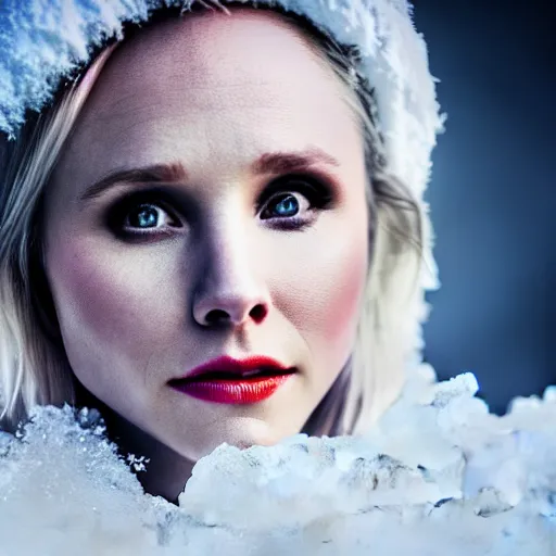 Image similar to Kristen Bell as a snow goddess covered in snow, grungy, unkept hair, glowing eyes, winter, modelsociety, radiant skin, huge anime eyes, RTX on, bright on black, dramatic, studio lighting, perfect face, intricate, Sony a7R IV, symmetric balance, polarizing filter, Photolab, Lightroom, 4K, Dolby Vision, Photography Award