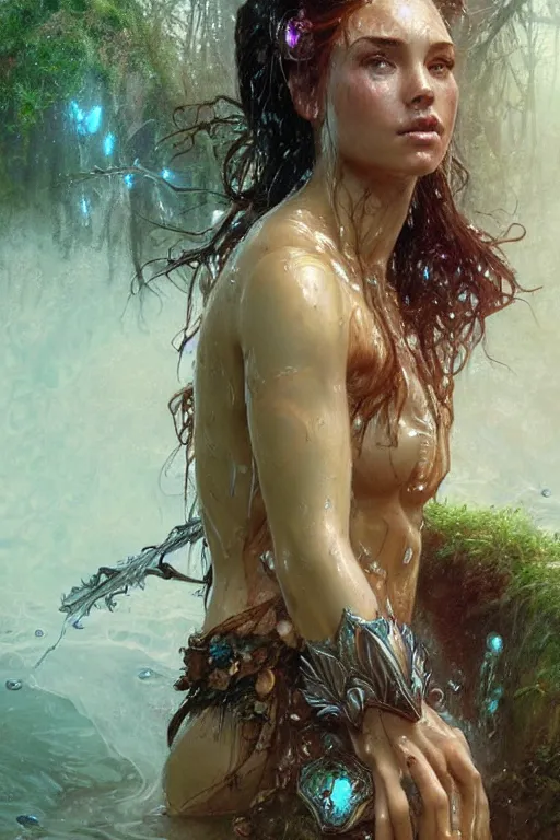 Prompt: portrait of a beautiful woman wearing a warrior armor, drenched body, wet dripping hair, emerging from the water, fantasy, regal, fractal crystal, fractal gems, by stanley artgerm lau, greg rutkowski, thomas kindkade, alphonse mucha, loish, norman rockwell.