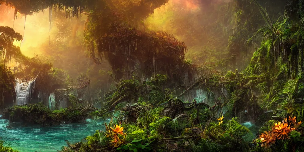 Image similar to a rusty ethereal ghost shipwreck in a prehistoric jungle, lush flora, waterfall, towering mountains, flowers, vines, sunset, hazy, volumetric lighting, rtx on, washed out colors, an award winning digital render, beautiful, stunning, ultradetailed, great composition