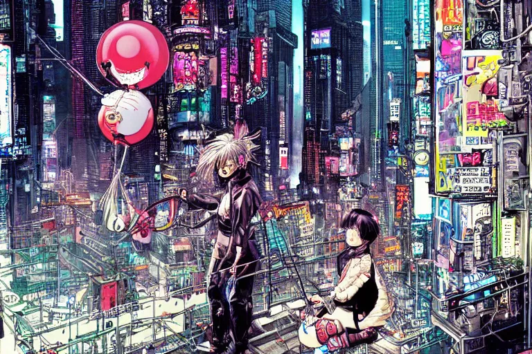 Image similar to an intricate, awe inspiring cyberpunk illustration of a girl with balloon, Times Square, by masamune shirow and katsuhiro otomo ((colorful))