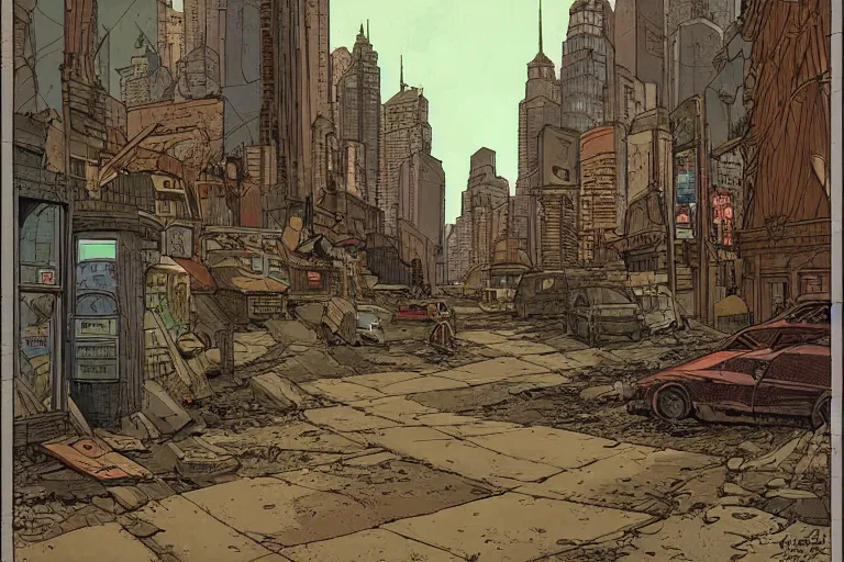 Image similar to Moebius artwork of a post apocalyptic city street