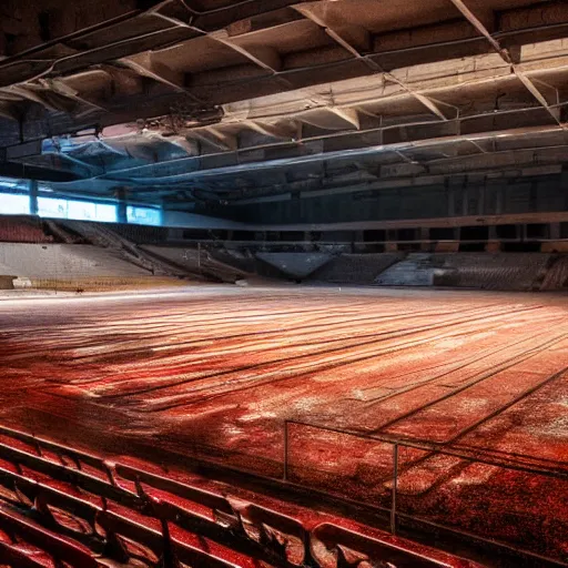 Prompt: Abandoned sports arena with the lights still on, rusty seats