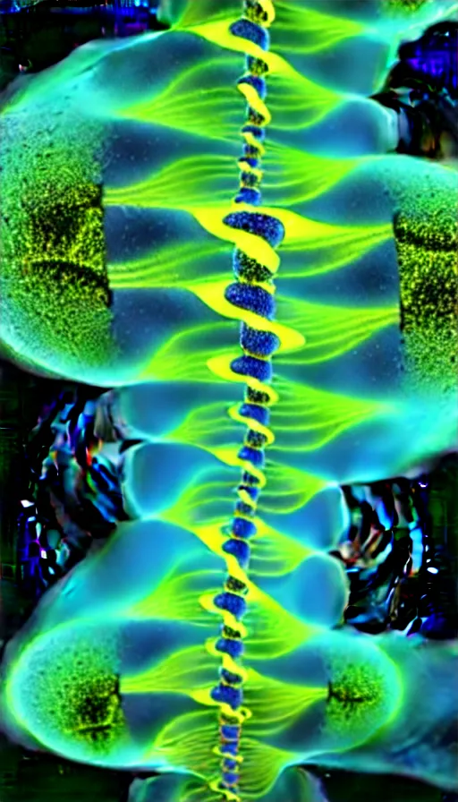 Image similar to 8 k uhd houdini recursive dna fractal structure, background smoke and bioluminescent swirling wisps, cream yellow blue gold palette, volumetric lighting, 1 8 mm lens