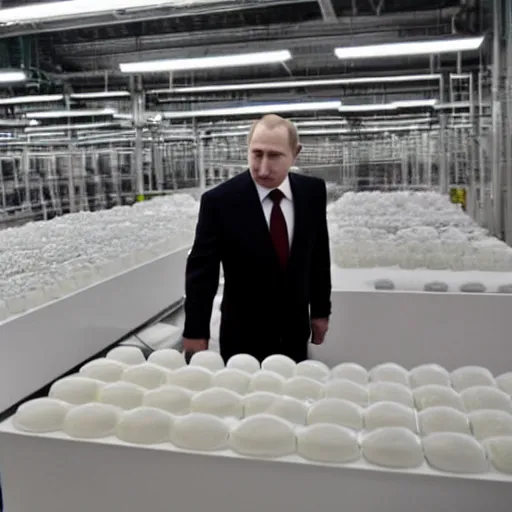 Prompt: vladimir putin inspecting the quality of soap in a soap factory