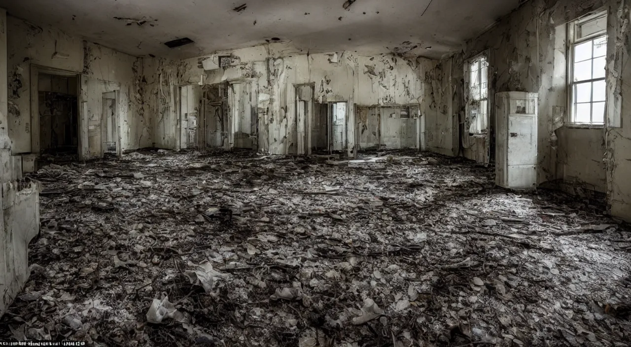 Image similar to photograph of the inside of a rotting abandoned hospital with a checkered floor, dark, no windows, horror | joe biden barely in view in the corner with a demonic grin on his face