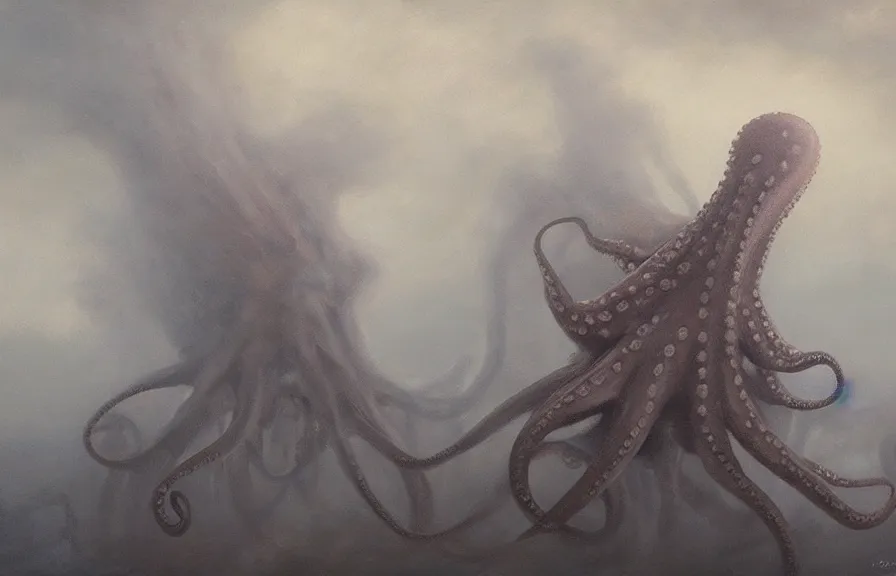 Prompt: aerial!!!! view of a giant octopus monster moving through a foggy, dim, detailed city, extremely detailed!!! oil painting, dull palette