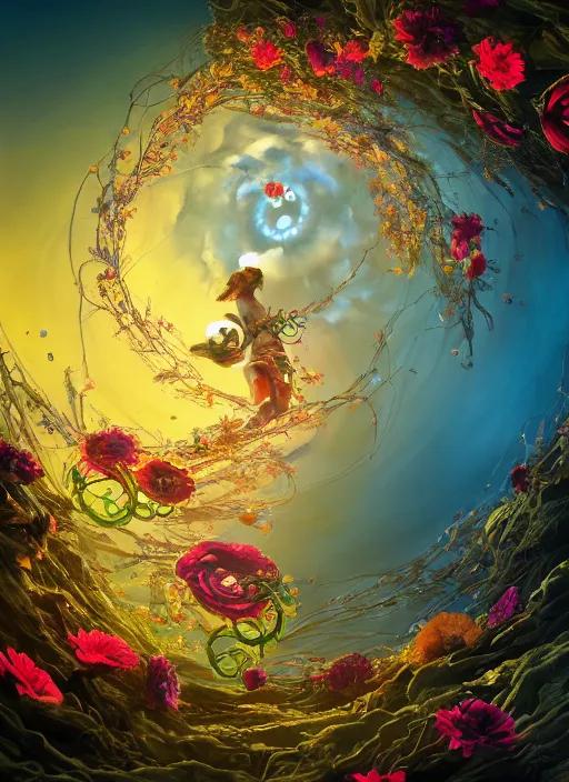 Prompt: An epic fantastic realism comic book style painting of the most beautiful spiraling entwined flowers launched exquisitely across the dark spinning universe, floating bouquets, fisheye, bright exploding sun, unreal 5, DAZ, hyperrealistic, octane render, dynamic lighting