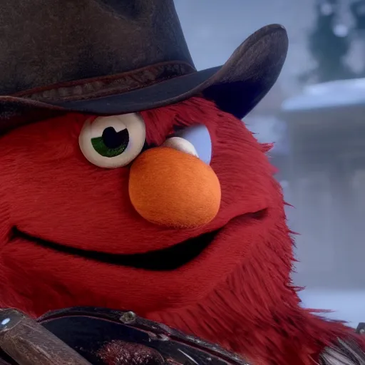 Prompt: Film still of Elmo, from Red Dead Redemption 2 (2018 video game)