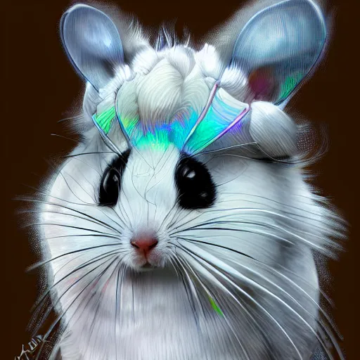 Image similar to a photograpic portrait of a anthropomorphic chinchilla wearing white clothes, iridescent colors, fantasy, intricate, elegant, highly detailed, digital painting, artstation, concept art, smooth, sharp focus, illustration, art by artgerm and H R Giger and alphonse mucha