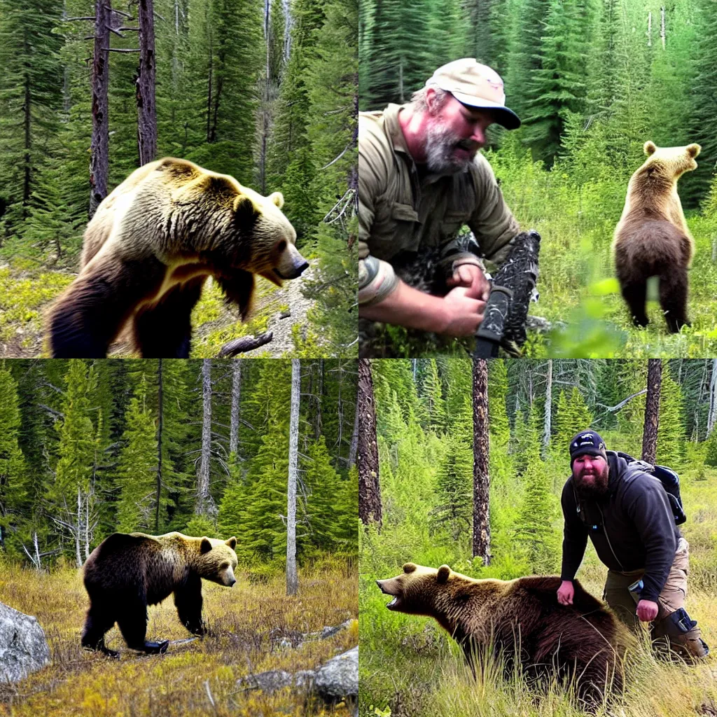 Prompt: trail cam Jordan Peterson hunting a bear