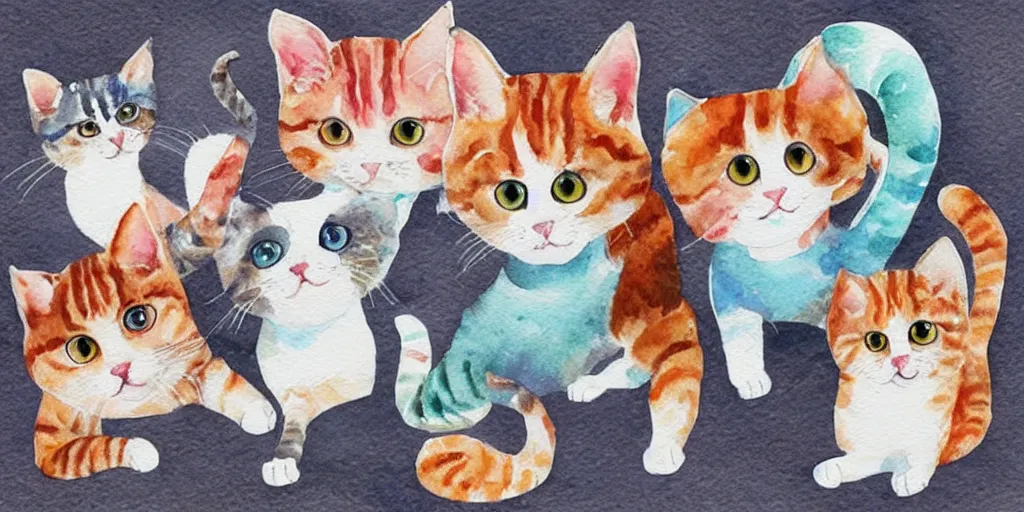 Image similar to watercolor illustration style, cute! cats!!! select different toys, inspiring art