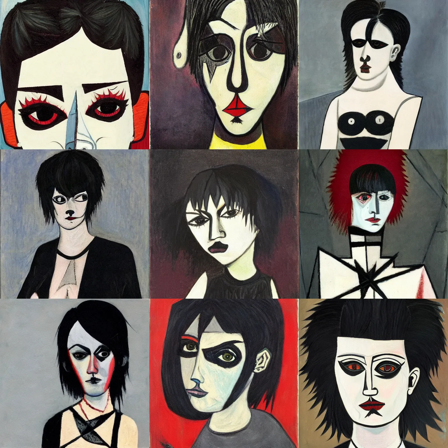 Prompt: an hd goth emo punk painted by pablo picasso. her hair is dark brown and cut into a short, messy pixie cut. she has a slightly rounded face, with a pointed chin, large entirely - black eyes, and a small nose. she is wearing a black tank top, a black leather jacket, a black knee - length skirt, and a black choker.