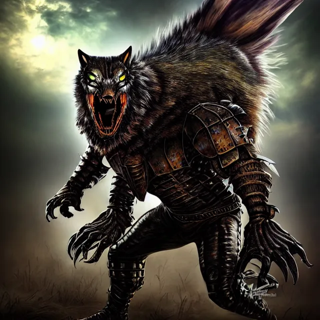 Image similar to armoured werewolf warrior, 4 k, hdr, smooth, sharp focus, high resolution, award - winning photo, anne stokes, photorealistic