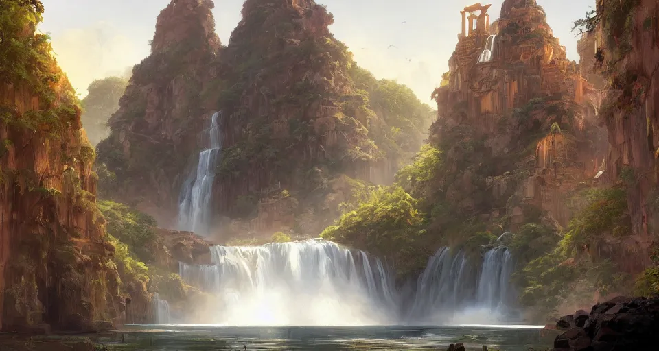 Image similar to A beautiful digital painting aztek temple, waterfall, lovely valley by Stanley Artgerm Lau, frank frazetta, Rossdraws, James Jean, gerald brom, Andrei Riabovitchev, Marc Simonetti, and Sakimichan, trending on artstation