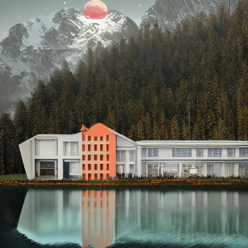 Image similar to wes anderson style future house near the lake and forest, cinematic, realism, photo, detailed