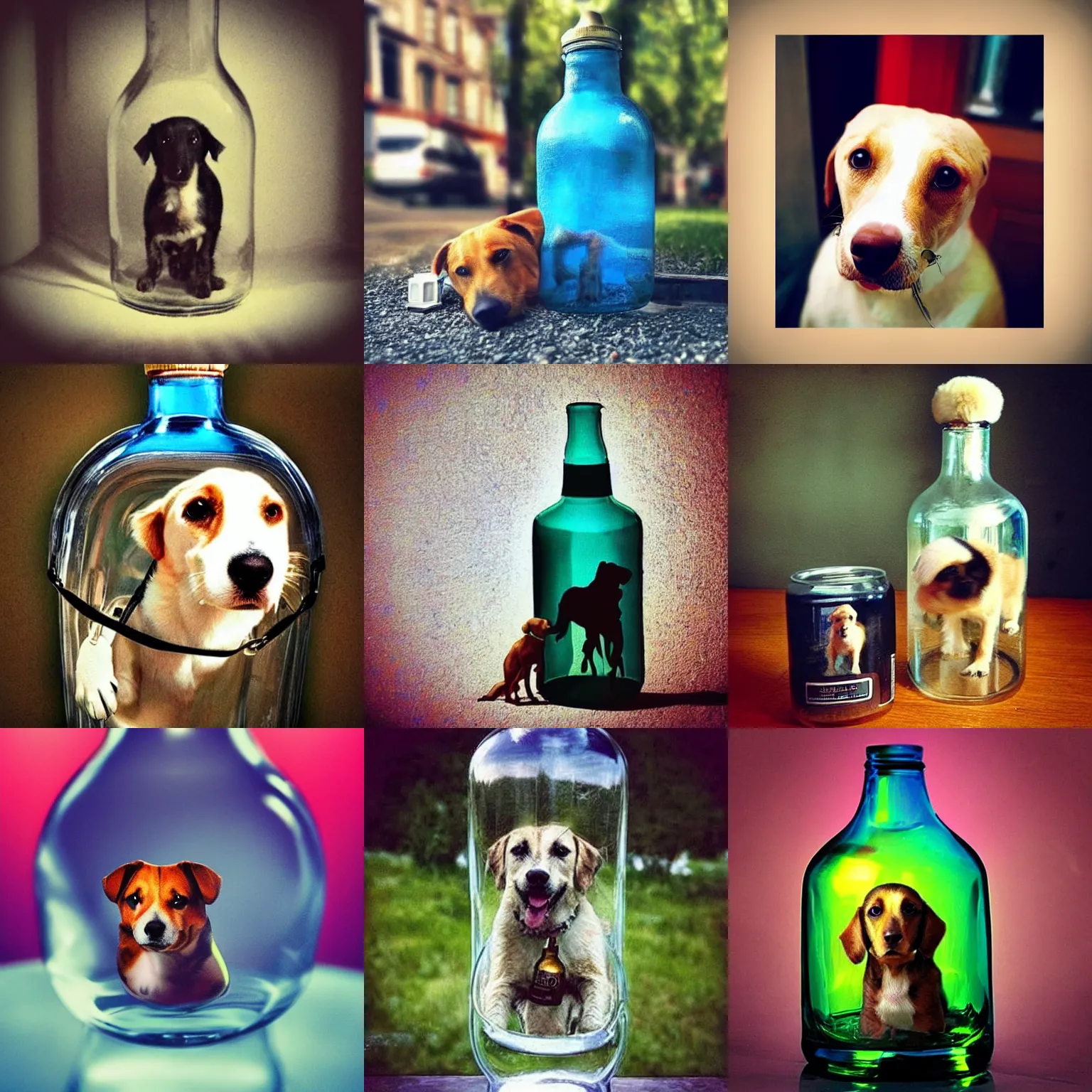 Prompt: instagram photo, a dog in the bottle