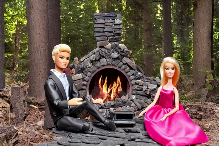 Image similar to Barbie and Ken sitting in the forest near the fireplace, Ken's face is melting, night, high-resolution photo,